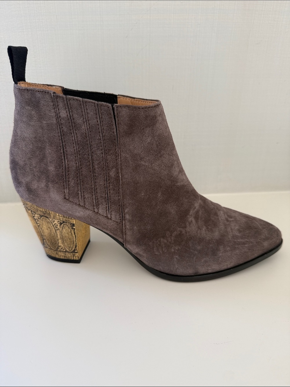 Russell & Bromley London Brown Suede Gold Embellished Heel Ankle Boots 39 1/2